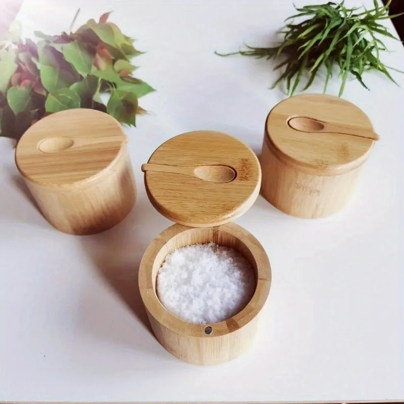 Ensemble de pots à épices et condiments en bambou – Boîtes de rangement en bois pour sel, poivre et sucre avec couvercle