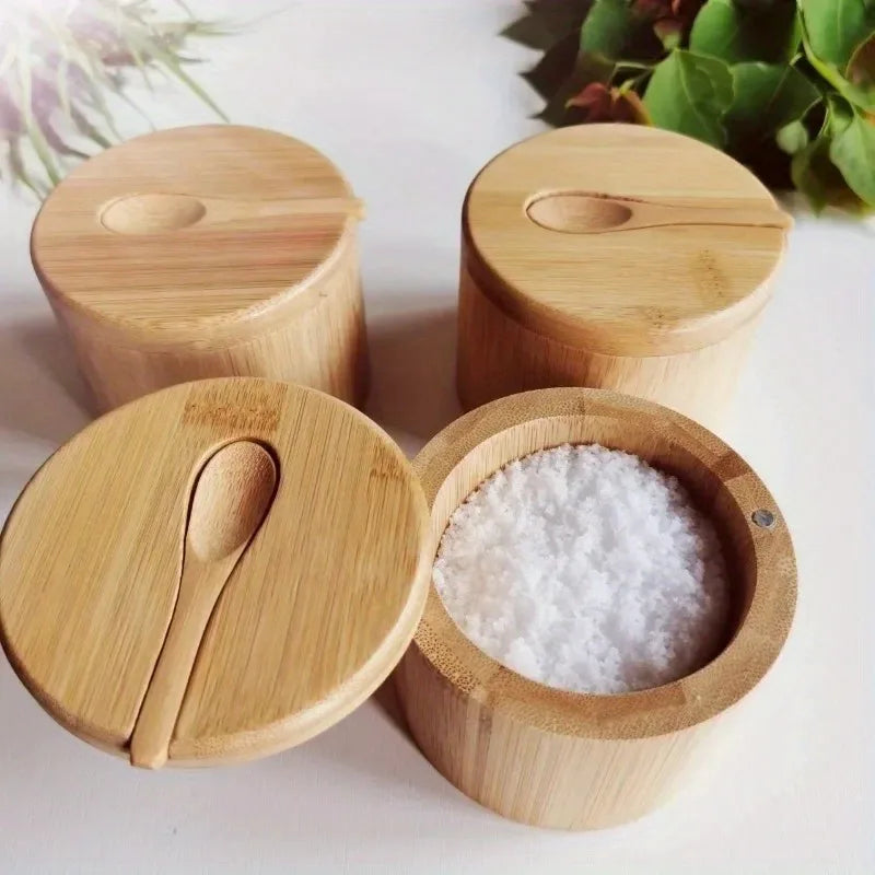 Ensemble de pots à épices et condiments en bambou – Boîtes de rangement en bois pour sel, poivre et sucre avec couvercle